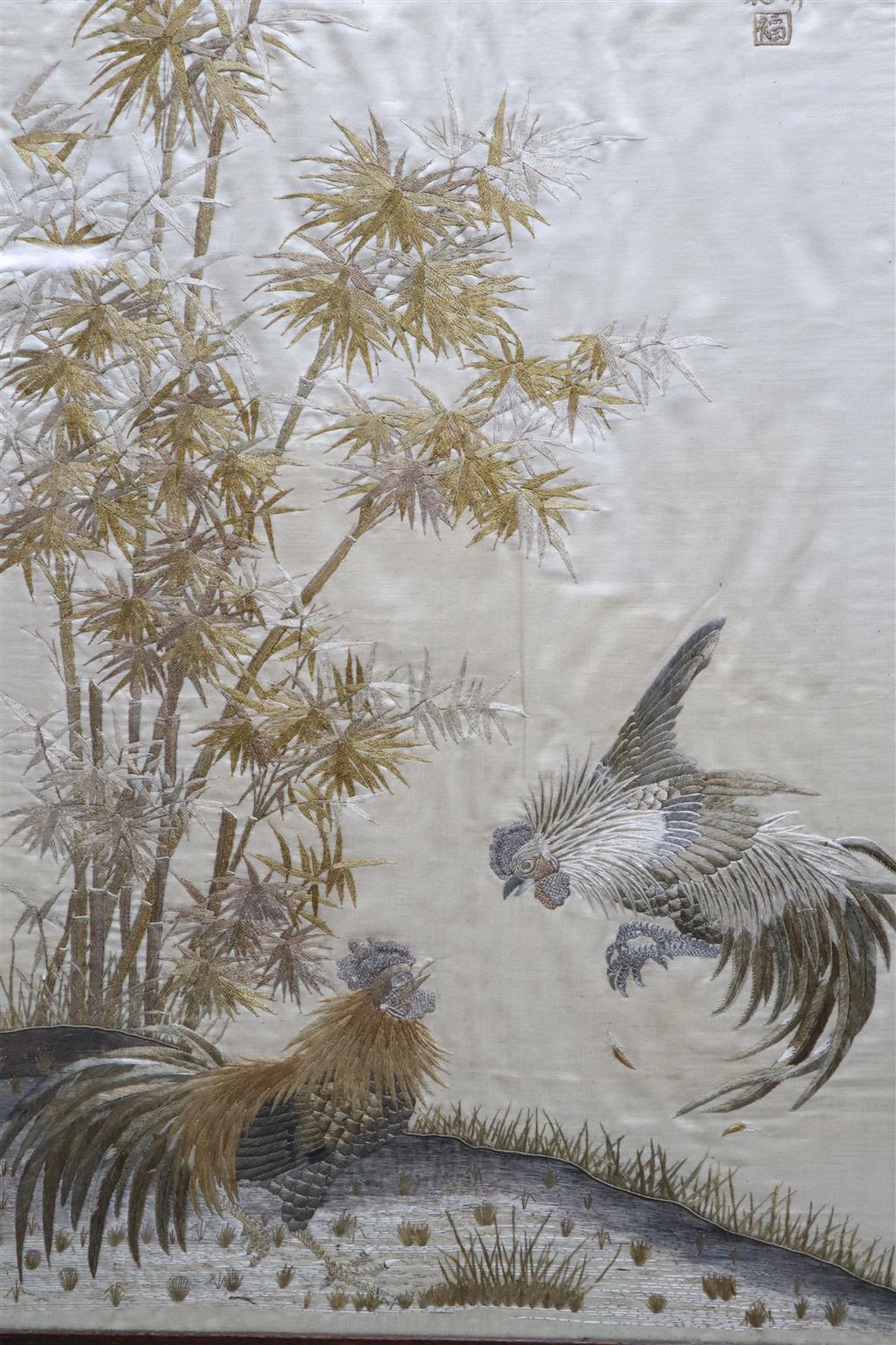 A Japanese embroidered silk cockerel picture